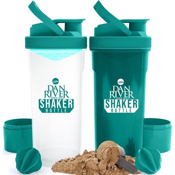 DAN RIVER Shaker Bottle | Plastic Shaker Bottle | Blender Bottle 2 Pack | Protein Shaker Bottle | Shaker Bottles for Protein Mixes | Protein Shake Mixer | 24oz | Twist and Lock | (Clear & Teal)