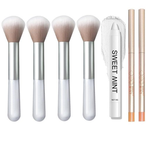 HANCOME 4 Pcs Cheek Makeup Brush, 2 Pcs Lip Liner Perfect Pout Matte Retractable Lip Liner Pencil, 1 Pc Eyeshadow Perfecting Brightener & Highlighter, White