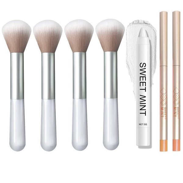 HANCOME 4 Pcs Cheek Makeup Brush, 2 Pcs Lip Liner Perfect Pout Matte Retractable Lip Liner Pencil, 1 Pc Eyeshadow Perfecting Brightener & Highlighter, White