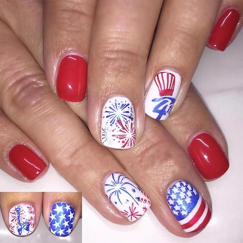 ZASKHLD Independence Day Press on Nails Short Square Fake Nails Glossy Full Cover Glue on Nails with American Flag Patriotic Design False Nails 4th of July Firework Acrylic Nails for Women Girls 24Pcs
