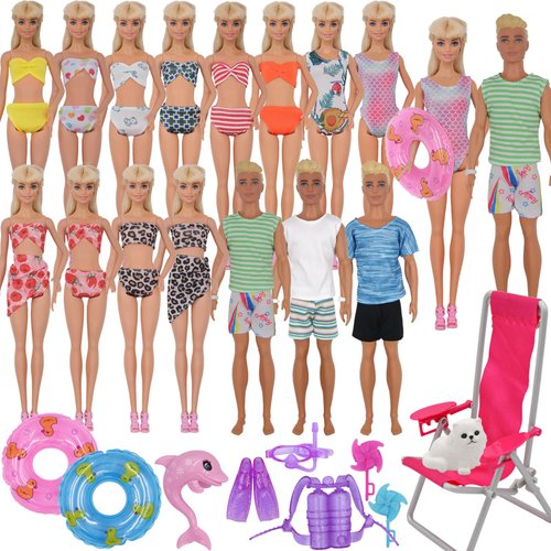 ztweden 42Pcs Doll Clothes and Swimming Accessories for 12 inch Boy and Girl Dolls Includes Bikini Swim Suit Swim Trunks Skateboard Lifebuoys Chair Diving Swimming Sets for 12 inch Doll Beach Style