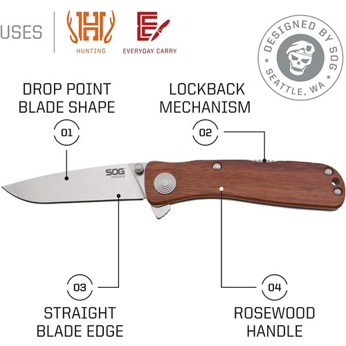 SOG Twitch ll Drop Point Pocket Knife - SOG Assisted Technology EDC Knife with 2.65 Inch Stainless Steel Blade and Wood Handle- Satin (TWI17-CP)