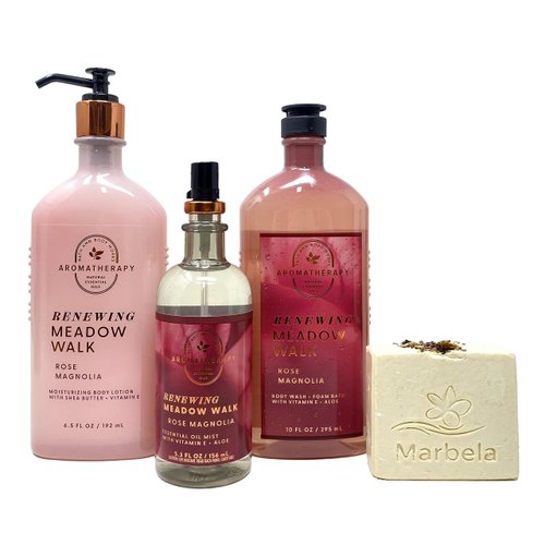 Bath & Body Works Aromatherapy Renewing Meadow Walk ROSE MAGNOLIA - Body Wash - Body Lotion - Essential Oil Mist With a Creamy Rose Bar Soap- Full Size
