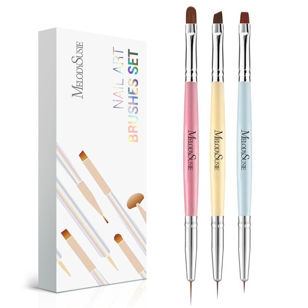 MelodySusie 2-in-1 Nail Art Brushes Set,3pcs Nail Art Design Pen Painting Tools with Flat Brush Oval Brush French Brush Liner Brushes for Home DIY Salon Use