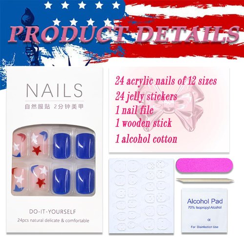 4th of July Press on Nails Short Square Fake Nails Blue Full Cover Red White Blue Star False Nails with Designs Glossy Glue on Nails Acrylic Nails Manicure Artificial Nails for Women Girls 24Pcs