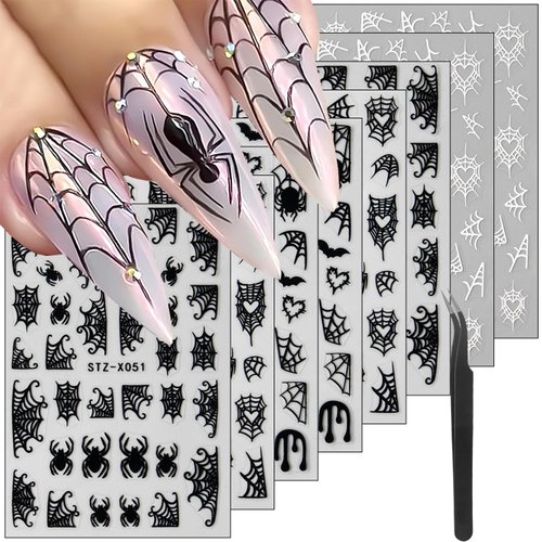8 Sheets Halloween Nail Stickers Spider Nail Art Stickers Self Adhesive Black White Spider and Spider Web Nail Decals Nail Design Stickers for Women Girl DIY Festival Nail Decoration