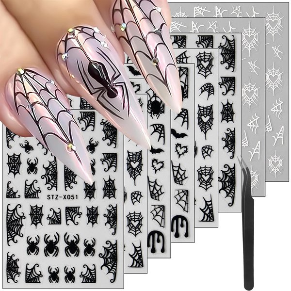 8 Sheets Halloween Nail Stickers Spider Nail Art Stickers Self Adhesive Black White Spider and Spider Web Nail Decals Nail Design Stickers for Women Girl DIY Festival Nail Decoration