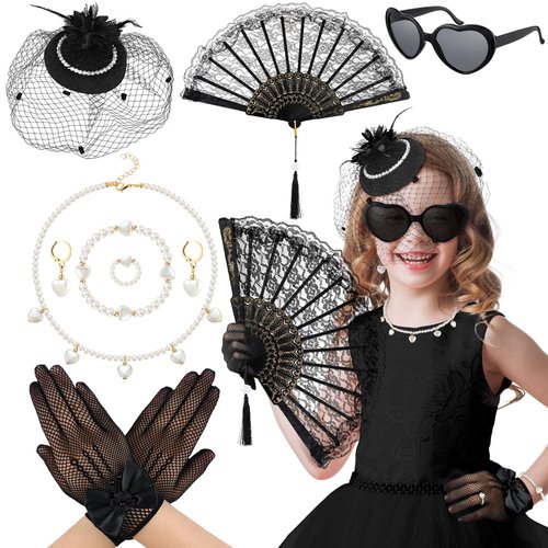 Jenaai 8 Pcs Girls Tea Party Supplies Tea Party Gloves Hats Necklace Fan for Girls Halloween Tea Party Costume(Black,Stylish)