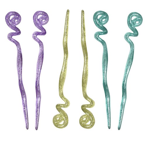 Set of 6 Twirl Hair Sticks with Glitter and Diamonds Chopsticks (Yellow Purple Green)