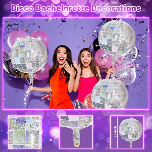 Morofme Iridescent Disco Ball Foil Balloons 4pcs Last Disco Bachelorette Balloons Decorations 22" Mirror Disco Balloons 4D Silver Disco Balloon Disco Themed Birthday 70s Dance Party Decor Supplies