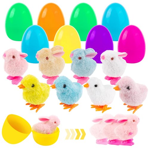 8 PCS Easter Eggs Filled with Wind Up Jumping Bunnies & Chicks Plastic Easter Eggs With Toys Inside Surprise Eggs for Egg Hunts Kids Easter Basket Gifts Easter Basket Stuffers Fillers Party Favors