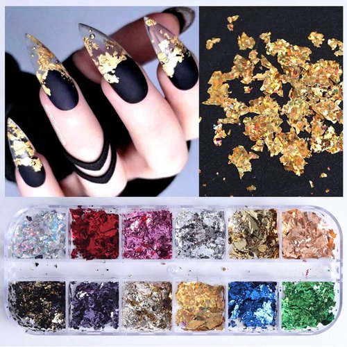 12 Grids Gold Foil Nail Art Set, Holographic Aluminum Nail Foil Flakes Stickers Nail Sequins 3D Glitter Decoration, DIY Nail Art Decals Stickers Fragments Gold Foil Art Nail Charms