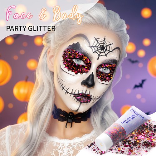 DAGEDA Halloween Body Glitter Gel, Face Glitter Body Gel Sequins Shimmer, Halloween Decor Makeup Chunky Glitter for Face Hair Nails, Holographic Cosmetic Laser Powder Festival Glitter Makeup 50ml