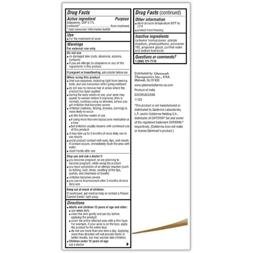 Glenmark Therapeutics Adapalene Gel 0.1% Acne Treatment, Paraben Free Topical Retinoid Cream for Face, Helps Clear and Prevent Acne and Clogged Pores, 45g Tube