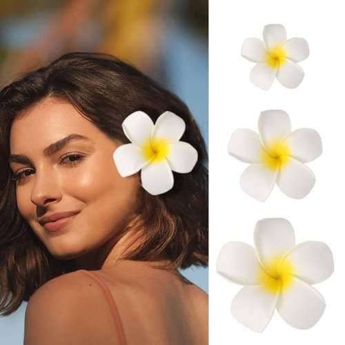 Haomye Plumeria Hair Clips White Hawaiian Flower Hair Clip Frangipani Hairpins Boho Floral Hair Barrettes Beach Women Hair Accessories 3PCS (White)