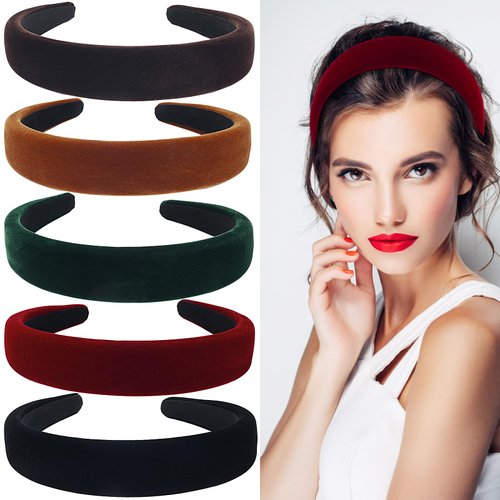 Lestp 5Pcs Velvet Wide Headband for Women Black Green Red Headband Christmas Accessories Gift Soft Padded Headband Fashion Headband Non Slip Vintage Head Band Plastic Headband Assorted 90s Hair Band