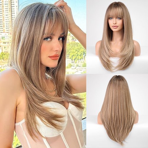 HAIRCUBE Long Ash Blonde Wigs for Women Straight Synthetic Layered Wig with Bangs and Dark Roots