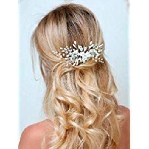 Barogirl Wedding White Flower Hair Comb Clip Crystal Bride Hair Piece Bridal Hair Accessories for Women…