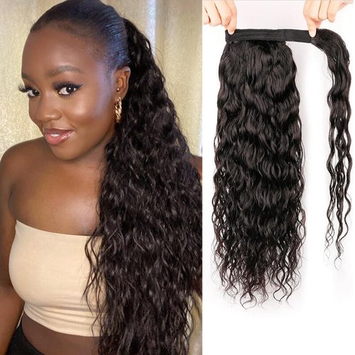 Seelaak Hair 18 inch Water Wave Ponytail Extensions Human Hair Wrap Around Corn Wave Pony Magic Paste Brazilian Human Hair Extensions for Women Natural Black