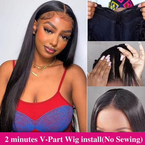 Legendhair Glueless V Part Wig Human Hair Straight Brazilian Virgin Human Hair Wigs for Black Women Upgrade U Part Human Hair Wig Full Head Clip In Half Wig No Leave Out U Part Wig 180% Density 16Inch