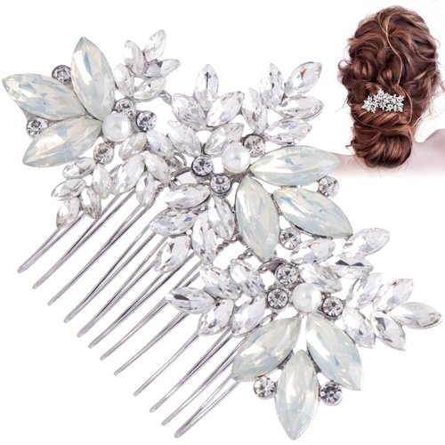 OIIKI Rhinestone Bridal Hair Comb Clip, Wedding Opal Crystal Hair Side Comb, Elegant Women Decorative Hairpin, Sparkle Hair Accessory for Brides, Bridesmaids, Parties -Silver