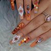 Coffin Press on Nails Long Fake Nails with Maple Leaves & Diamond Charms Designs Orange Glitter Acrylic Nails Fall False Nails Daily Wear Natural Artificial Stick on Nails for Women 24Pcs