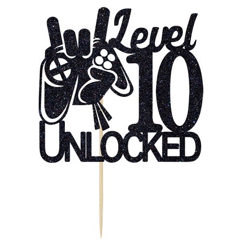 Cos mos Video Game Level 10 Unlocked Birthday Cake Topper Black Glitter Boys 10th Birthday Cake Decorations Level Up Winner Party Decoration Supplies