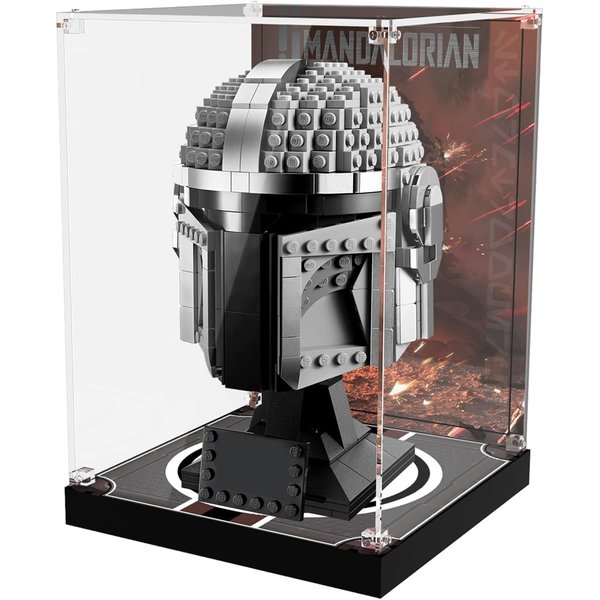 Acrylic Display Case for Lego 75328 The Mandalorian Helmet Head Building Block Model (Noly Box, No Model) Customized Decorative Clear Box, Clear Acrylic Plate with Base & Painted Background