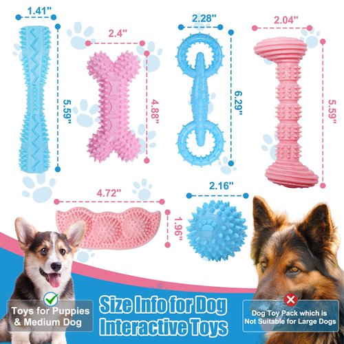 Angecado 6 Pack Puppy Chew Toys for Teething, Interactive Pink Blue Small Dog Enrichment Toys for Small Medium Dogs Soft Rubber Puppy Teething Toys Dog Toy Pack for Small Puppies