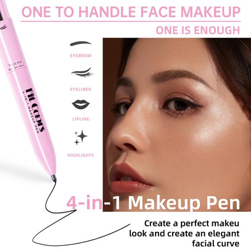 HOSAILY 4 in 1 Makeup Pen, 4 Colors Eyeliner Eyebrow Lip Liner Highlighter All in One Beauty Makeup Pen, Waterproof Long-Lasting Multifunctional Travel Portable Makeup Pen with 4 Replacement Refill