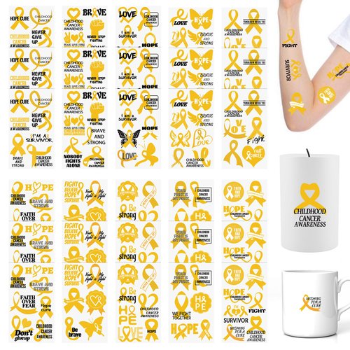 WANDIC 30 Sheets Childhood Cancer Awareness Temporary Tattoos, Gold Ribbon Awareness Tattoo Sticker Cancer Survivor Decals for Charity Decoration
