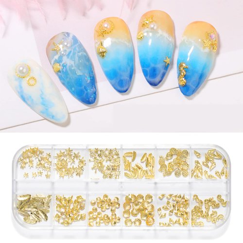 WEILUSI 3D Nail Art Steel Studs Summer Metal Nail Charms Sparkle Gold Metal Nail Studs Jewels Mix...