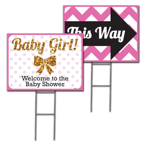 VSE 18x24 Baby Girl Double Sided Lawn Sign Baby Shower Kit with 6x24 H-Stakes. Brightly Colored Pink, Black, and Digitally Printed Gold Glitter. Baby Girl Sign with a Directional Arrow Sign Included.