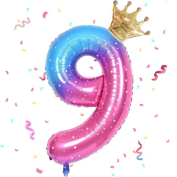 Rainbow Starry Number 9 Balloon,40 Inch Giant Number Balloon & Mini Crown Balloon for Birthday Balloons Party Decorations,Girl 9th Birthday Party Decorations,Foil Mylar Birthday Digital Balloon