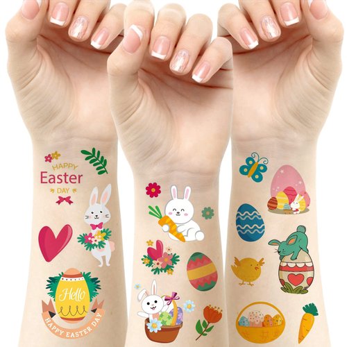 Aresvns Easter Temporary Tattoos for Kids,Easter Party Supplies, Easter Decorations, 12 Sheets Bunny Egg Rabbit Flower Butterflies Stickers for Easter Basket Stuffers Egg Fillers Gift