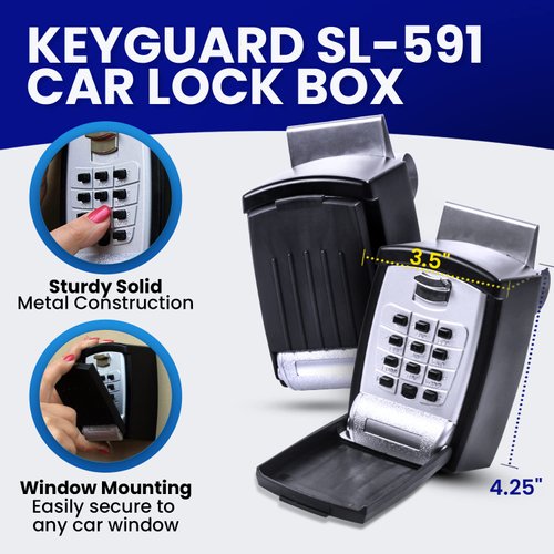 KeyGuard SL-591 Car Window Punch Button Lock Box, Black- Portable Key Storage Vault LockBox Fits House Keys, Car Keys, Fobs, Credit Cards/IDs + | Rideshare Keypad Safe Box, Digital Push Button Lock