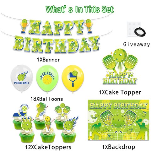 Pickleball Party Secorations，Pickleball Birthday Decorations，Pickleball Party Supplies Set Include Backdrop Banner Ballon Cake Toppers