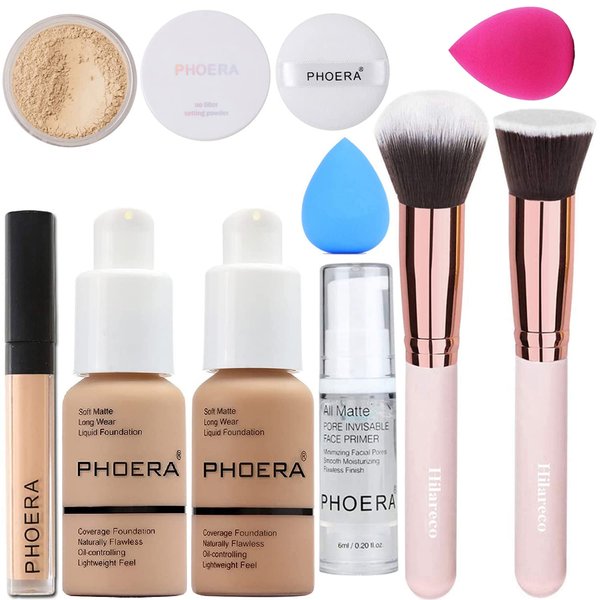 PHOERA Foundation,Full Coverage Foundation,PHOERA Primer,PHOERA Powder,PHOERA Concealer PHOERA Makeup Set, Kabuki Makeup Brushes Foundation Brush Powder,2 Makeup Sponge (104 Buff Beige + 105 Sand）