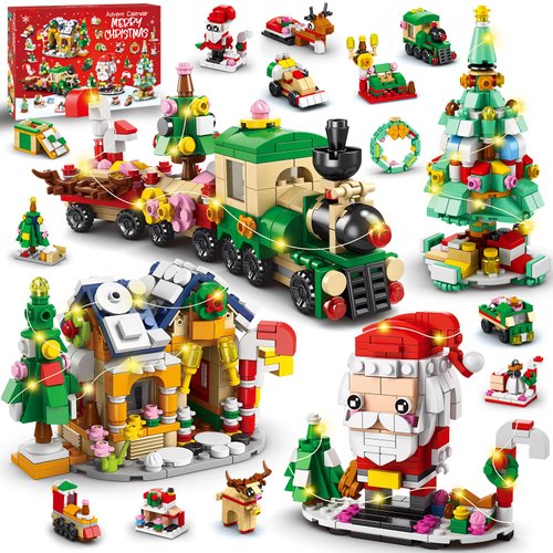 DULEFUN Advent Calendar 2024 Kids Christmas Building Blocks, 24 Days Holiday Building Bricks Toys Set with LED Lights Santa Tree Train House Xmas Party Favors Countdown Calendar Toys for Boys Girls Adults Goodie Bags Fillers