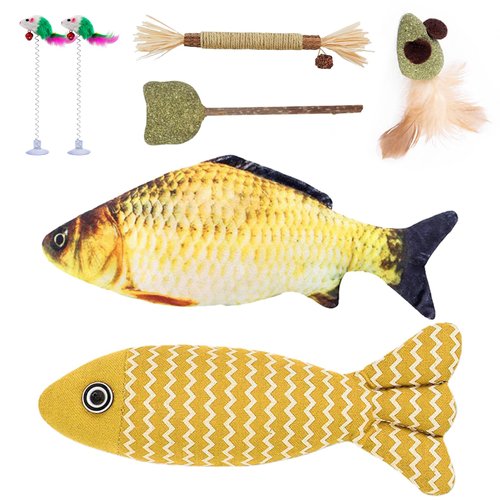 ETIAL 7pcs Interactive Cat Chew Toys, Soft Linen Sturdy Catnip Fish Toys, Silvervine Lollipop Dental Sticks for Kittens Teeth Cleaning, Catnip Mouse & Cat Spring Feather Exercise Toy for Bored Indoor