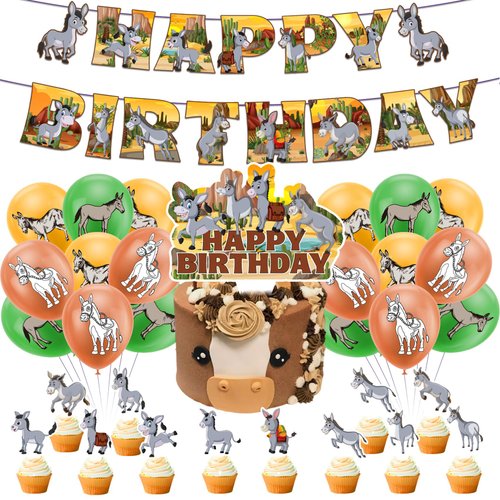 Donkey Birthday Party Decorations Donkey Party Supplies Includes Animal Donkey Happy Birthday Banner Cake Topper Cupcake Topper Balloons for Donkey Birthday Party