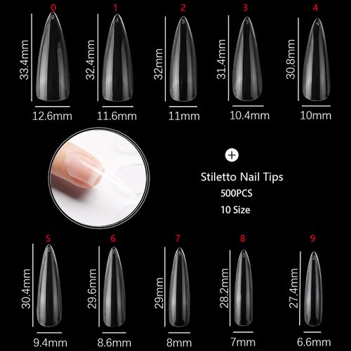 500Pcs Stiletto Nail Tips Full Cover Clear Fake Nails for Acrylic Nails, 10 Sizes (Clear)
