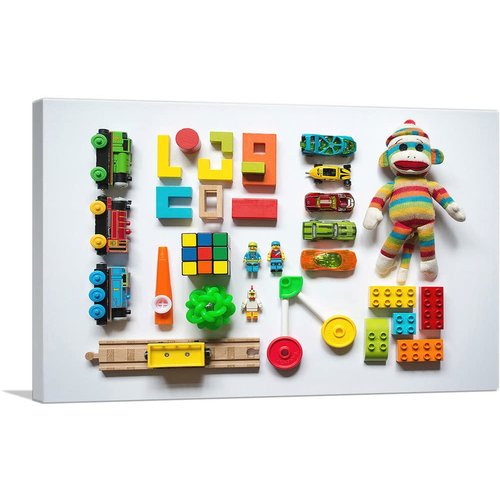 ARTCANVAS Colorful Train Monkey Toys Kindergarten Child Day Care Preschool Decor Canvas Art Print Stretched Framed Painting Picture Poster Giclee Wall Decor - 18" x 12" (0.75" Deep)