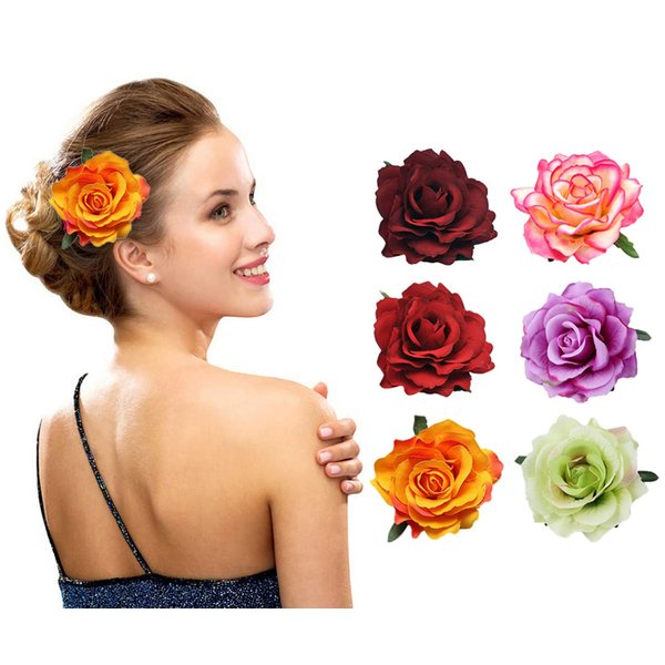 6Pcs 4 inch Rose Flower Hair Clips Floral Hair Clips Hairpin Bride Flower Hair Accessories Rose Brooch Floral Brooch Flamenco Dancer Flower Pin Up Flower Brooch(Mixed 6 Colors)