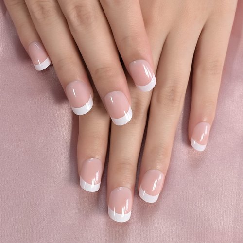 Nude Pink French Press On Nails Short Squoval False Nails Women Girls Nail Art Tips Full Cover Reusable Fingernails Datechable Acrylic Manicure For Daily Dating Office Home Party (24pcs)