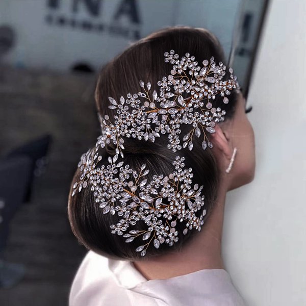 ULAPAN 2 Pack Bride Wedding Headbands, Rhinestone Bridal Bridesmaid Hair Clips Accessories, Flower Girls Headpieces for Women (Gold)