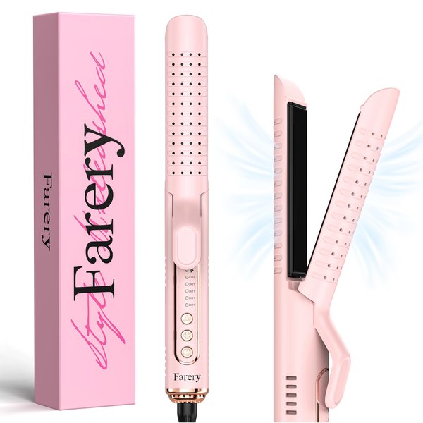 Farery Chill Set Soft-Air Curling Iron: Gentle Airflow for Quick Styling & Long-Lasting Curls, Lock in Style with Cooling Air Vents, 2-in-1 Hair Straightener & Curler with Upgraded Long Barrel, Pink