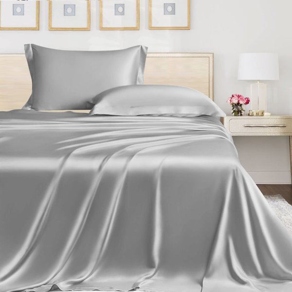 LINENWALAS Queen Flat Sheet Only, Austrian Tencel Lyocel Silk Sheets, Better Than Egyptian Cotton Premium Hotel Quality Soft Cooling Top Bed Sheet (Silver, Queen)