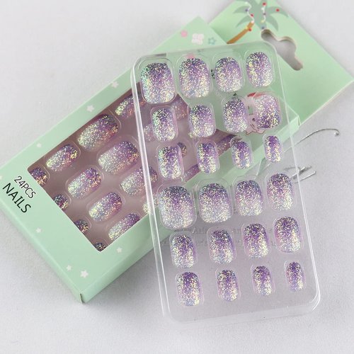 24 Pcs Gradient Purple Kids Press on Nails Pre-glue Children False Nails Short Oval Full Cover Artificial Fake Nails Holo Glitter Acrylic Nail Tips for Little Girls Gift