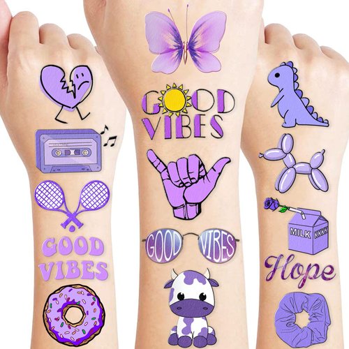 Purple Aesthetic Temporary Tattoos 8 Sheets 76 PCS Purple Party Decorations Favors Supplies Color Theme Birthday Cute Tattoo Stickers Christmas Gifts for Boys Girls Kids Class School Prizes Carnival